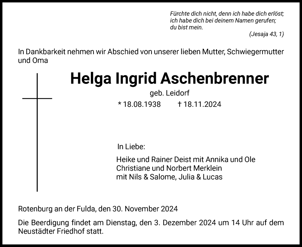  Traueranzeige für Helga Ingrid Aschenbrenner vom 30.11.2024 aus HNA