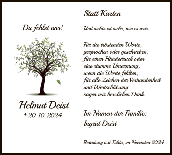 Traueranzeige von Helmut Deist von HNA