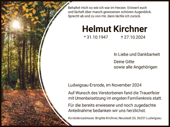 Traueranzeige von Helmut Kirchner von HNA