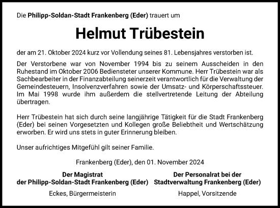 Traueranzeige von Helmut Trübestein von HNA