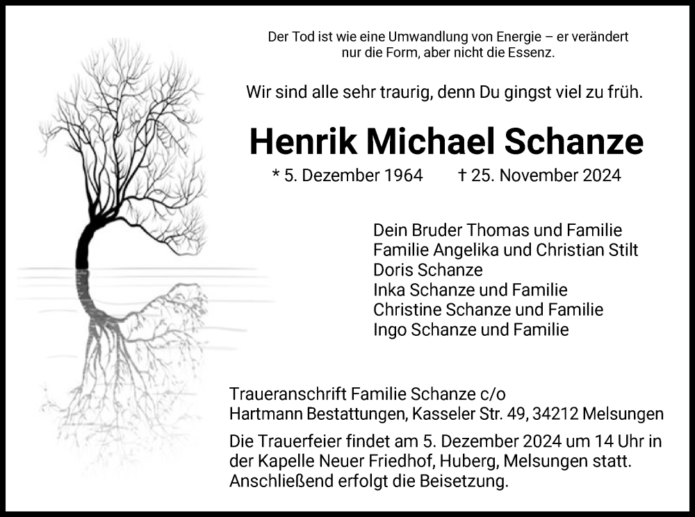  Traueranzeige für Henrik Michael Schanze vom 30.11.2024 aus HNA