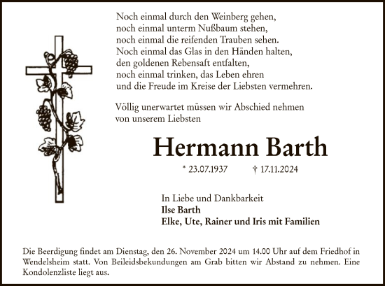 Traueranzeige von Hermann Barth von HNAHNA