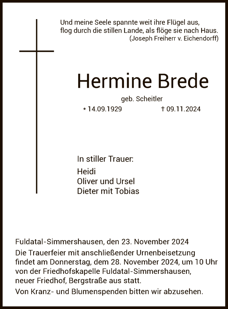  Traueranzeige für Hermine Brede vom 23.11.2024 aus HNA