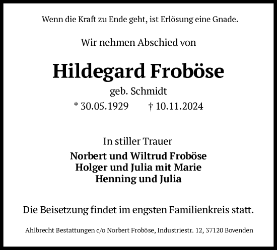 Traueranzeige von Hildegard Froböse von HNA