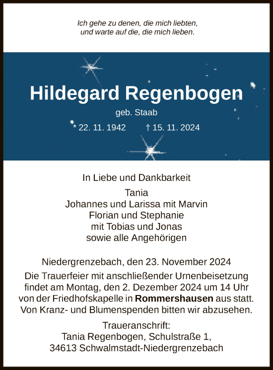 Traueranzeige von Hildegard Regenbogen von HNA