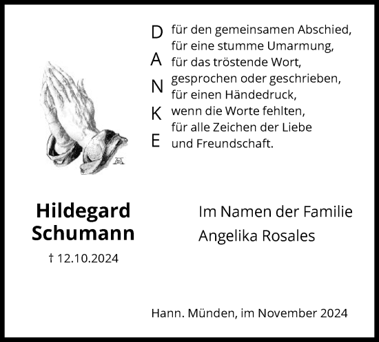 Traueranzeige von Hildegard Schumann von HNA