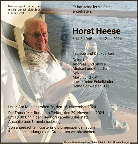 Traueranzeige von Horst Heese von HNA