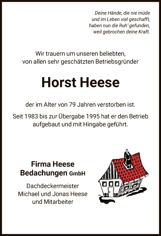 Traueranzeige von Horst Heese von HNA