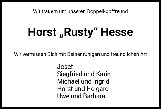 Traueranzeige von Horst  Hesse von HNA