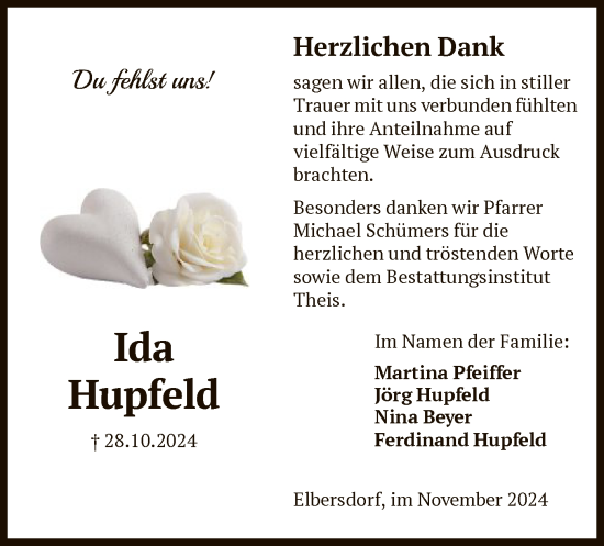 Traueranzeige von Ida Hupfeld von HNA