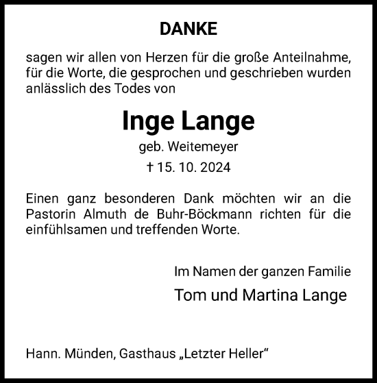 Traueranzeige von Inge Lange von HNA