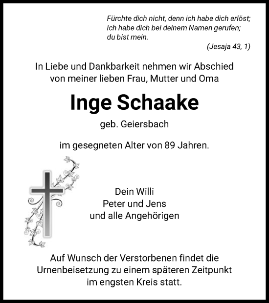 Traueranzeige von Inge Schaake von HNA