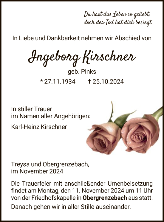 Traueranzeige von Ingeborg Kirschner von HNA