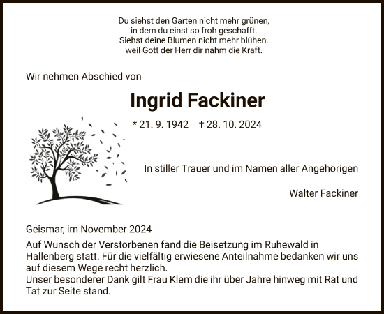 Traueranzeige von Ingrid Fackiner von HNA