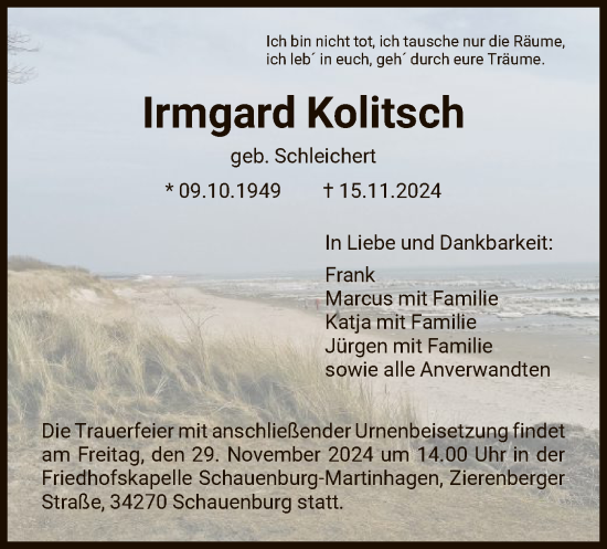 Traueranzeige von Irmgard Kolitsch von HNA