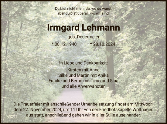 Traueranzeige von Irmgard Lehmann von HNA