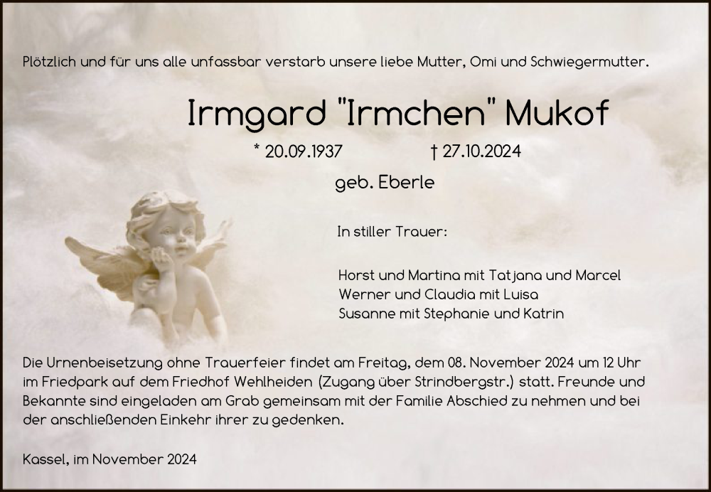  Traueranzeige für Irmgard Mukof vom 02.11.2024 aus HNA