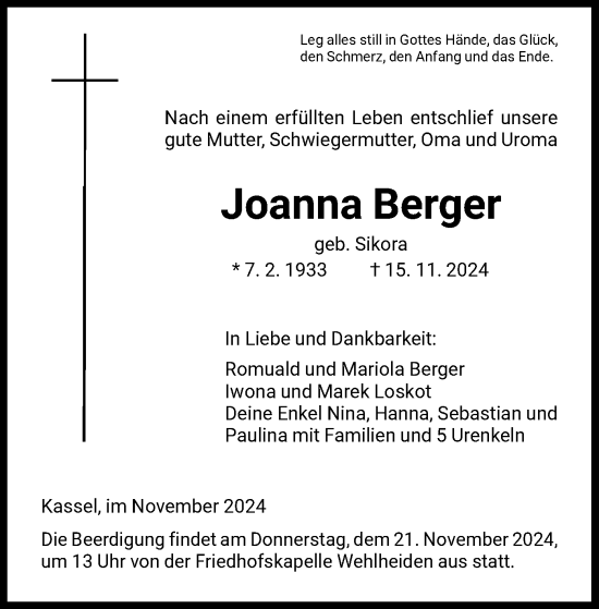 Traueranzeige von Joanna Berger von HNA