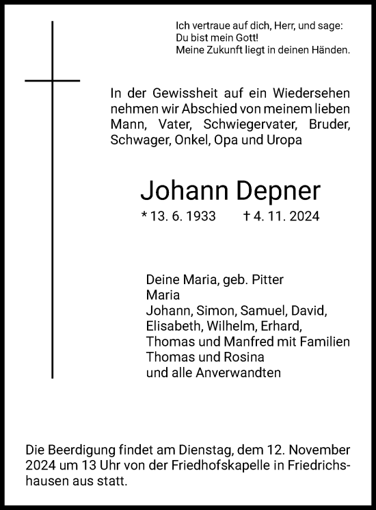 Traueranzeige von Johann Depner von HNA