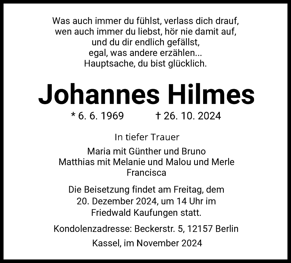  Traueranzeige für Johannes Hilmes vom 09.11.2024 aus HNA