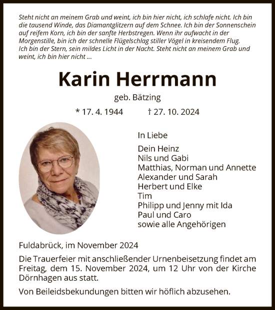 Traueranzeige von Karin Herrmann von HNA