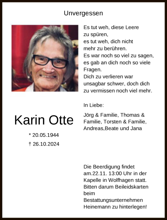 Traueranzeige von Karin Otte von HNA