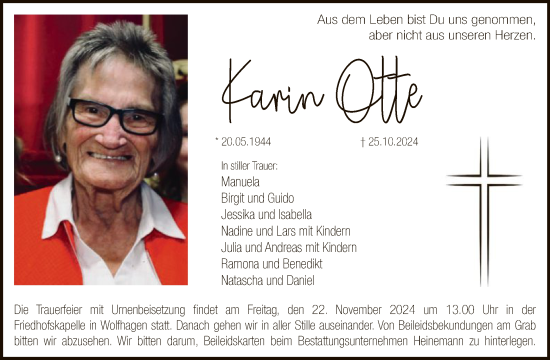 Traueranzeige von Karin Otte von HNA