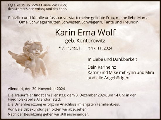 Traueranzeige von Karin Erna Wolf von HNA