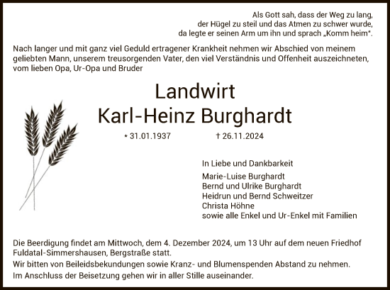 Traueranzeige von Karl-Heinz Burghardt von HNA