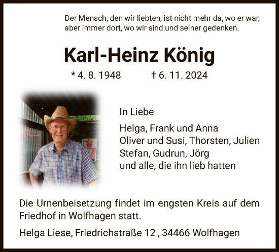 Traueranzeige von Karl-Heinz König von HNA