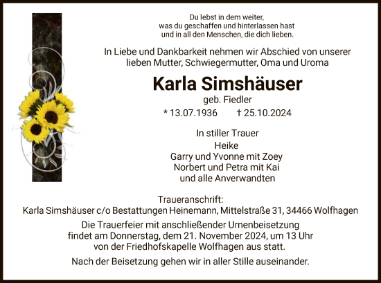 Traueranzeige von Karla Simshäuser von HNA