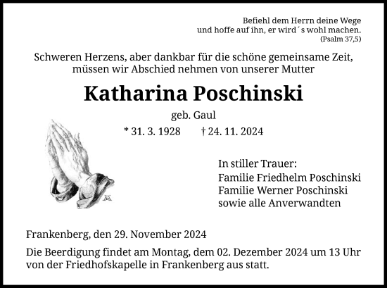 Traueranzeige von Katharina Poschinski von HNA