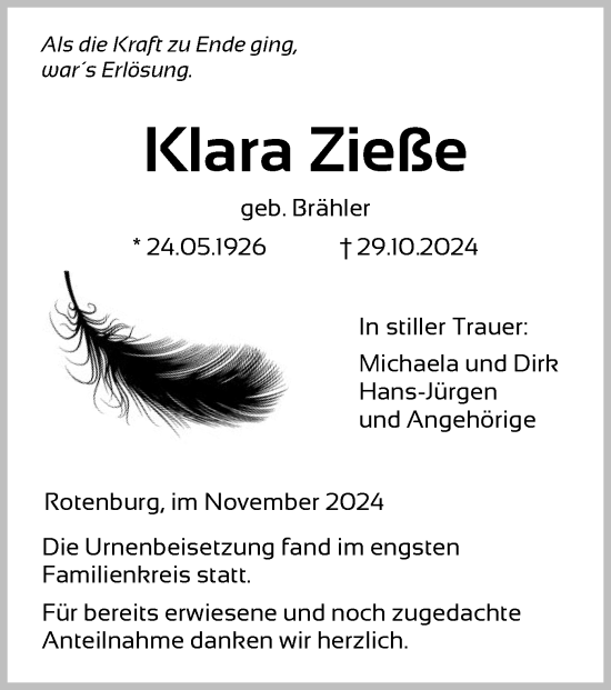 Traueranzeige von Klara Zieße von HNA