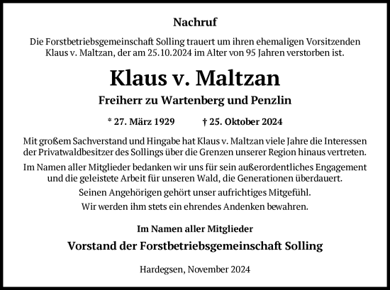 Traueranzeige von Klaus v. Maltzan von HNA