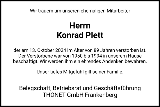 Traueranzeige von Konrad Plett von HNA