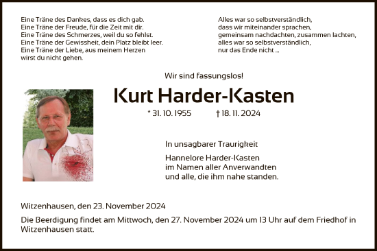 Traueranzeige von Kurt Harder-Kasten von HNA