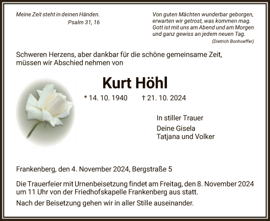 Traueranzeige von Kurt Höhl von HNA