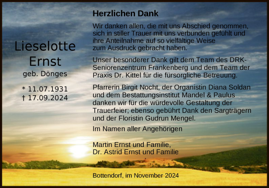 Traueranzeige von Lieselotte Ernst von HNA