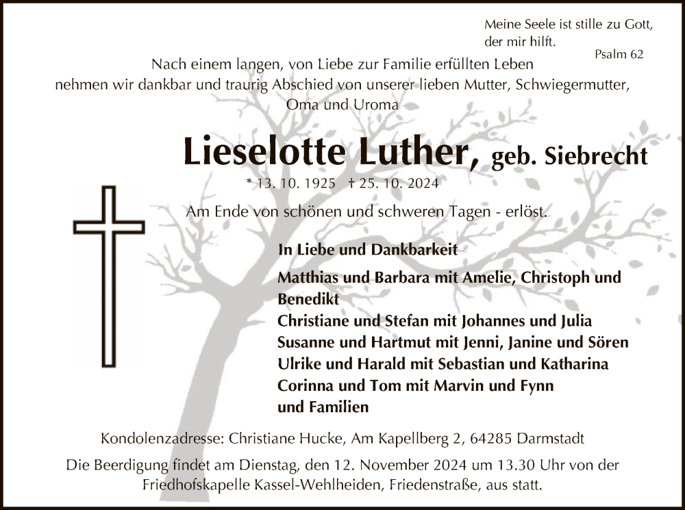 Traueranzeige für Lieselotte Luther vom 02.11.2024 aus HNA