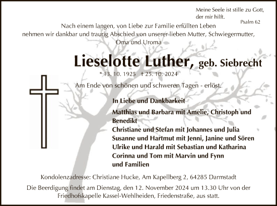 Traueranzeige von Lieselotte Luther von HNA