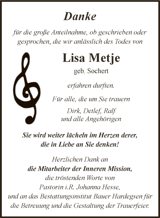 Traueranzeige von Lisa Metje von HNA