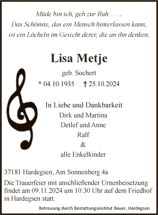 Traueranzeige von Lisa Metje von HNA
