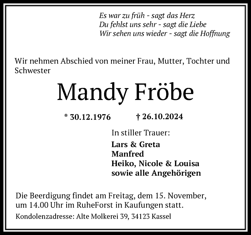  Traueranzeige für Mandy Fröbe vom 09.11.2024 aus HNA