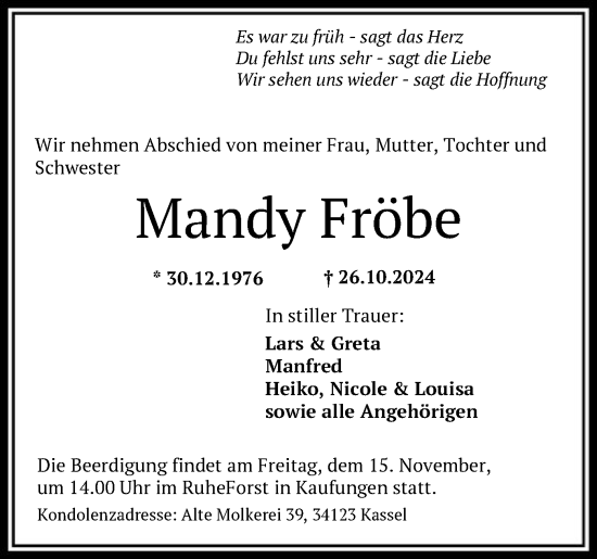 Traueranzeige von Mandy Fröbe von HNA