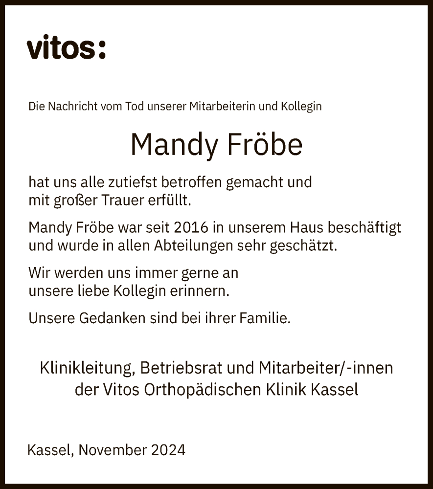 Traueranzeige für Mandy Fröbe vom 09.11.2024 aus HNA