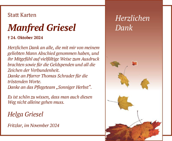 Traueranzeige von Manfred Griesel von HNA