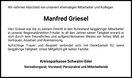 Traueranzeige von Manfred Griesel von HNA