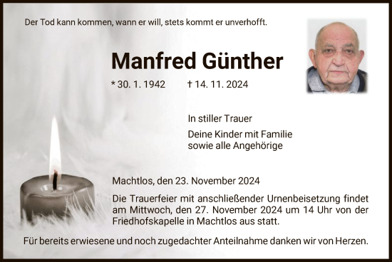 Traueranzeige von Manfred Günther von HNA