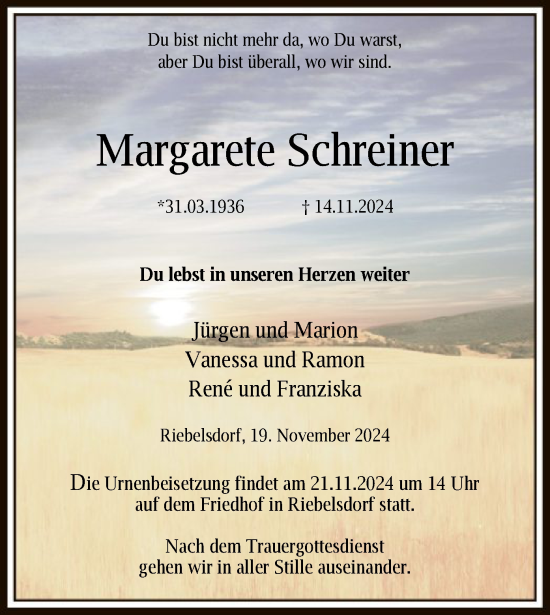 Traueranzeige von Margarete Schreiner von HNA