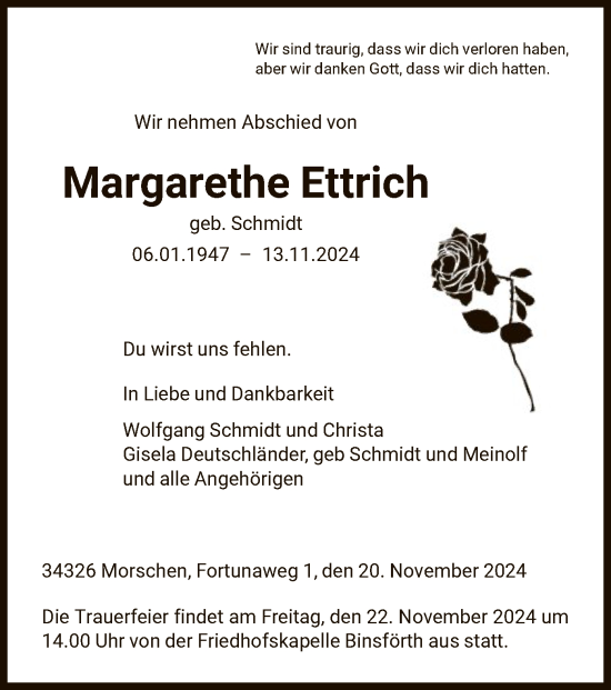 Traueranzeige von Margarethe Ettrich von HNA